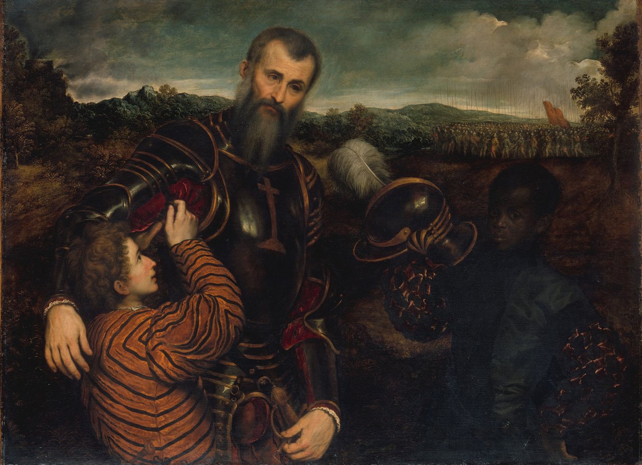 Portrait of a Man in Armor with Two Pages by Paris Bordone