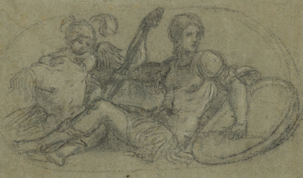 Seated Male Figure with Putto and Armor by Paris Bordone