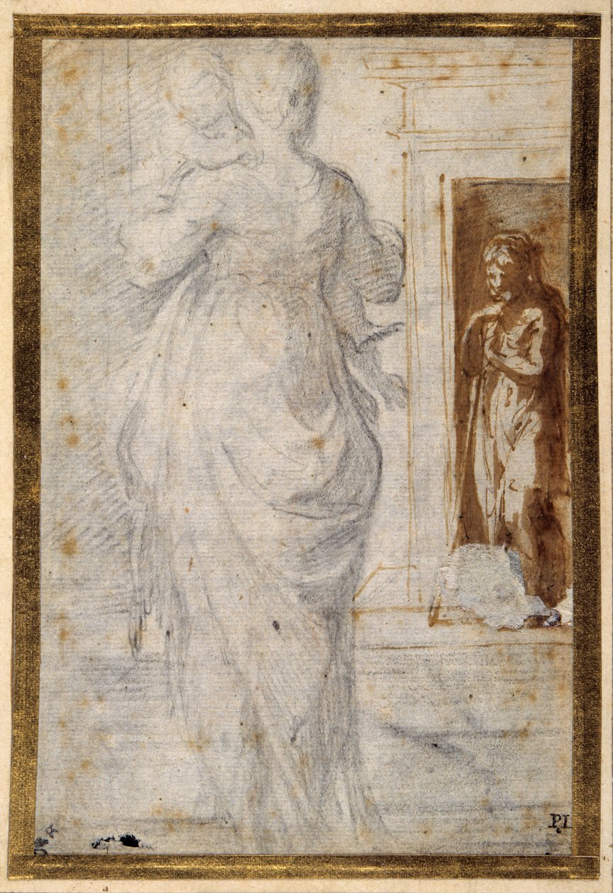 Back view of a woman carrying a child; a man leaning on his staff waits in a doorway by Parmigianino