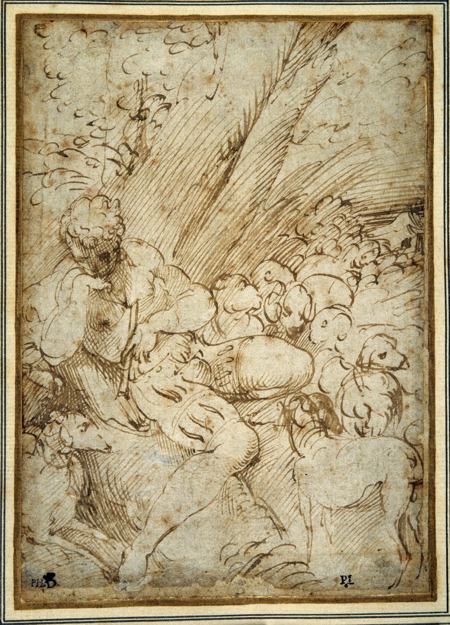 Shepherd Boy Holding a Pipe, Resting Under a Tree with His Dog Among Their Flock by Parmigianino