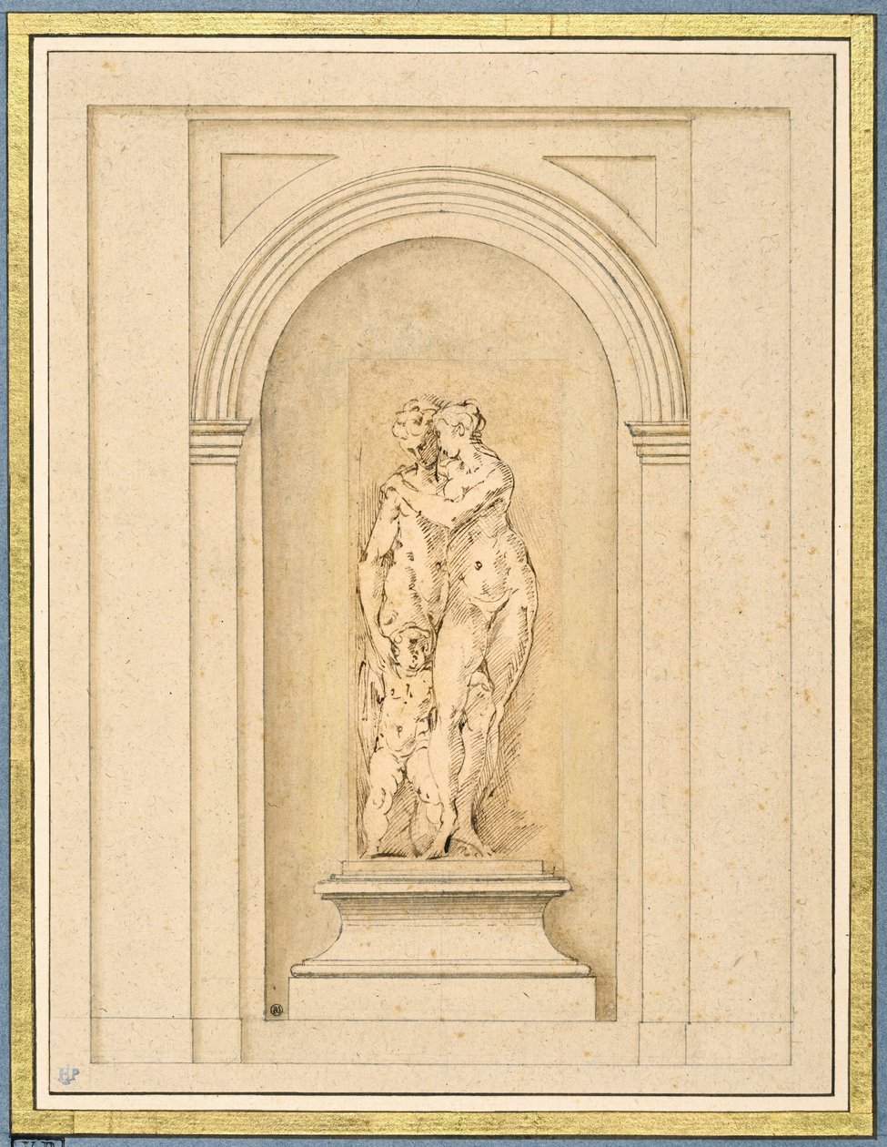 Two Figures and a Cupid Surrounded by a Later Architectural Frame by Parmigianino