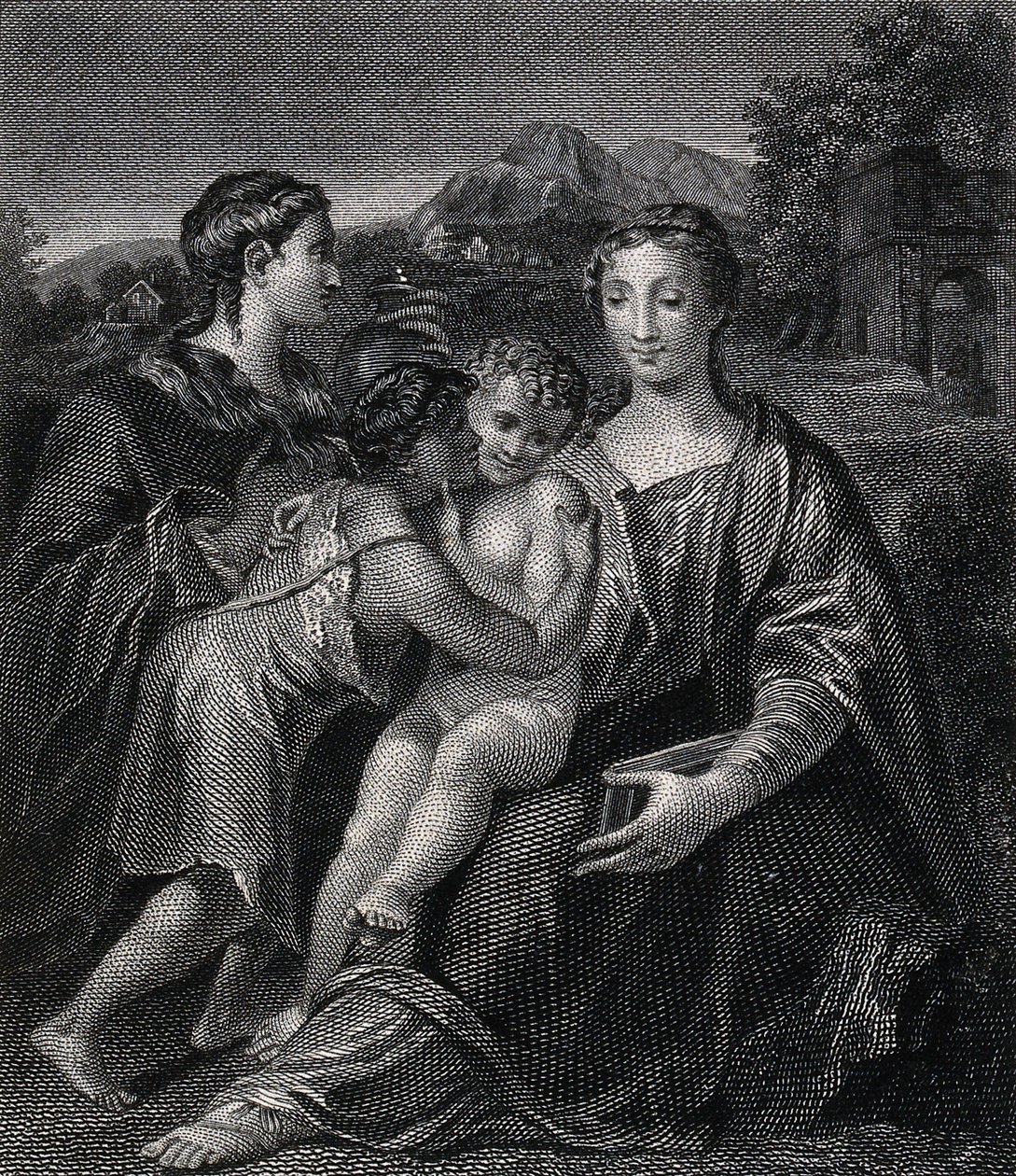 Saint Mary (the Blessed Virgin) with the Christ Child, Saint John the Baptist and Saint Mary Magdalene. Engraving after G.F.M. Mazzola, il Parmigianino. by Parmigianino