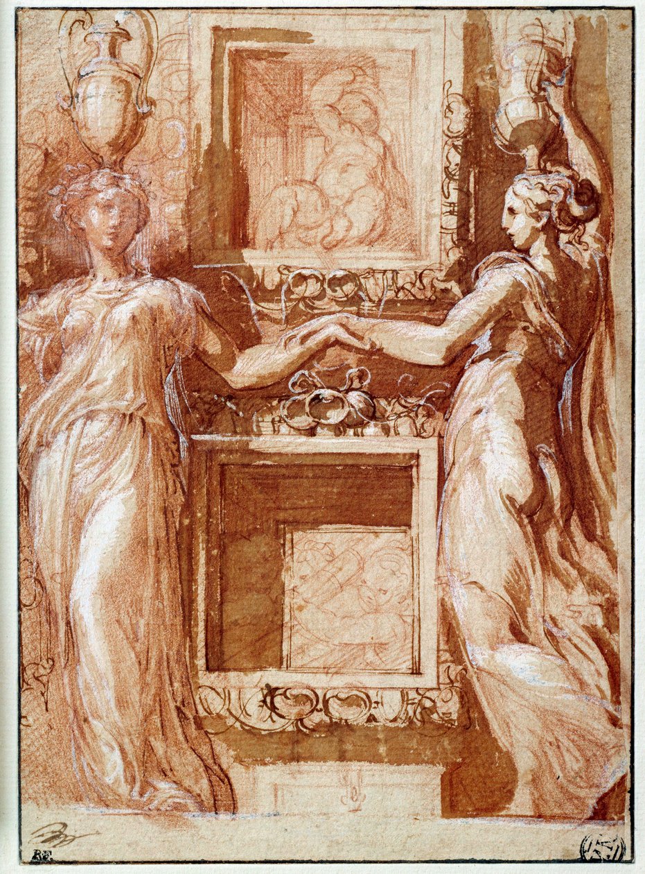 Two canephores giving their hand, on both sides of boxes by Parmigianino