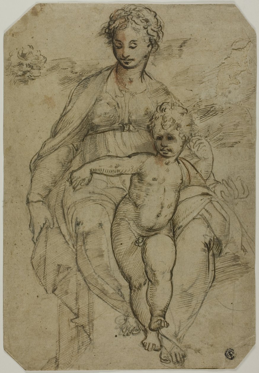 Virgin and Child (recto); Sketch of Three Saints and Caricature Sketch (verso) by Parmigianino