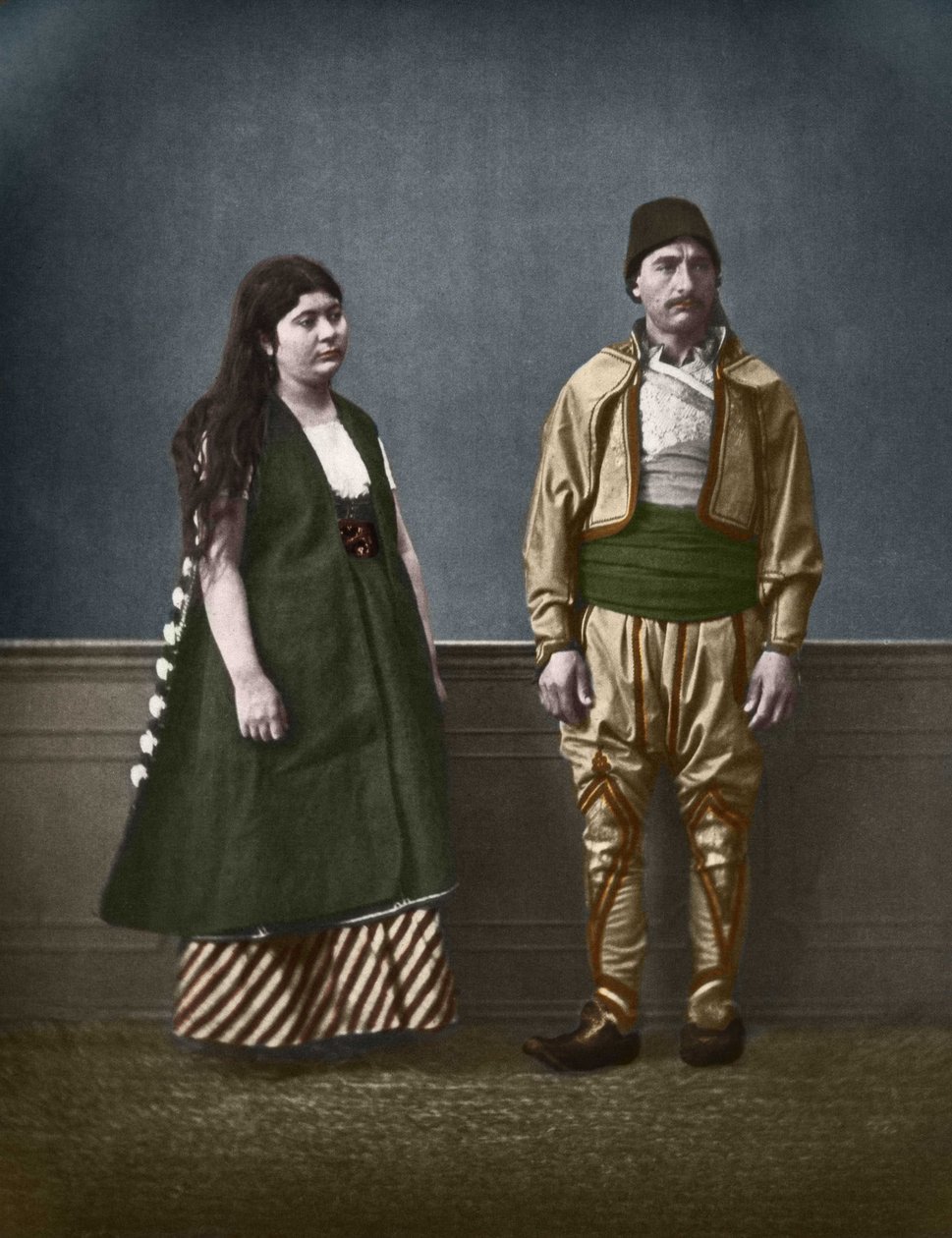 Portrait of a Bulgarian woman from Sofia and a Bulgarian man around 1890. Colorized photography by Pascal Sebah (1838-1890). by Pascal Sébah