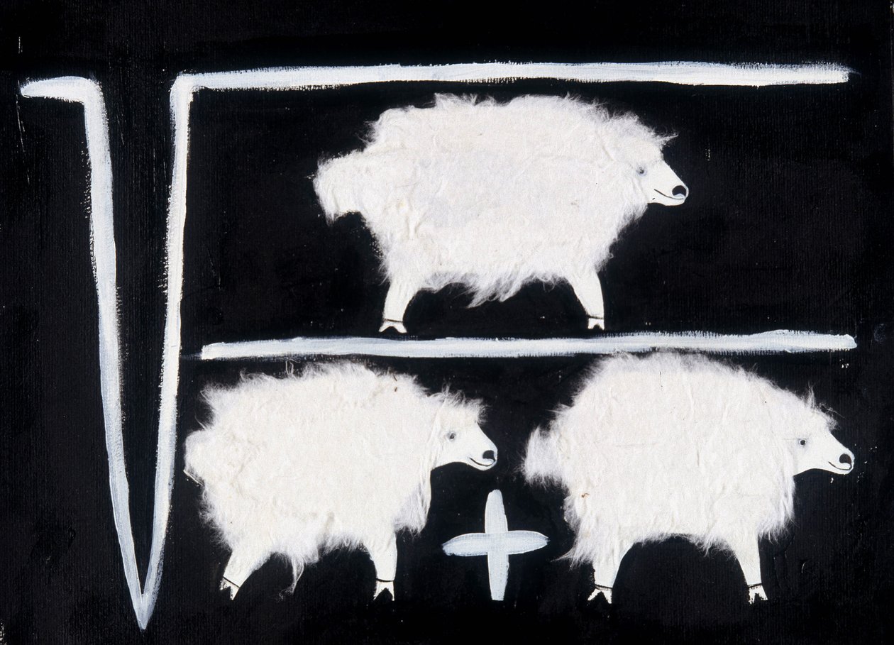 Cloning: A mathematical symbol representing square root, division, and addition calculation operations with sheep used as guinea pig by Patrizia La Porta