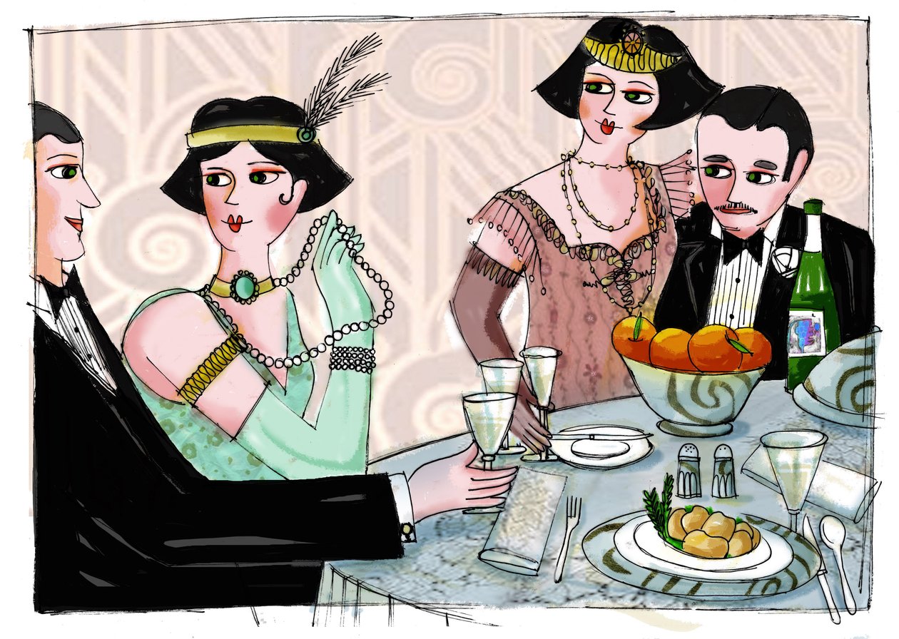 Illustration depicting a worldly dinner in “Gatsby the Magnificent” by American writer Francis Scott Fitzgerald (The Great Gatsby) by Patrizia La Porta