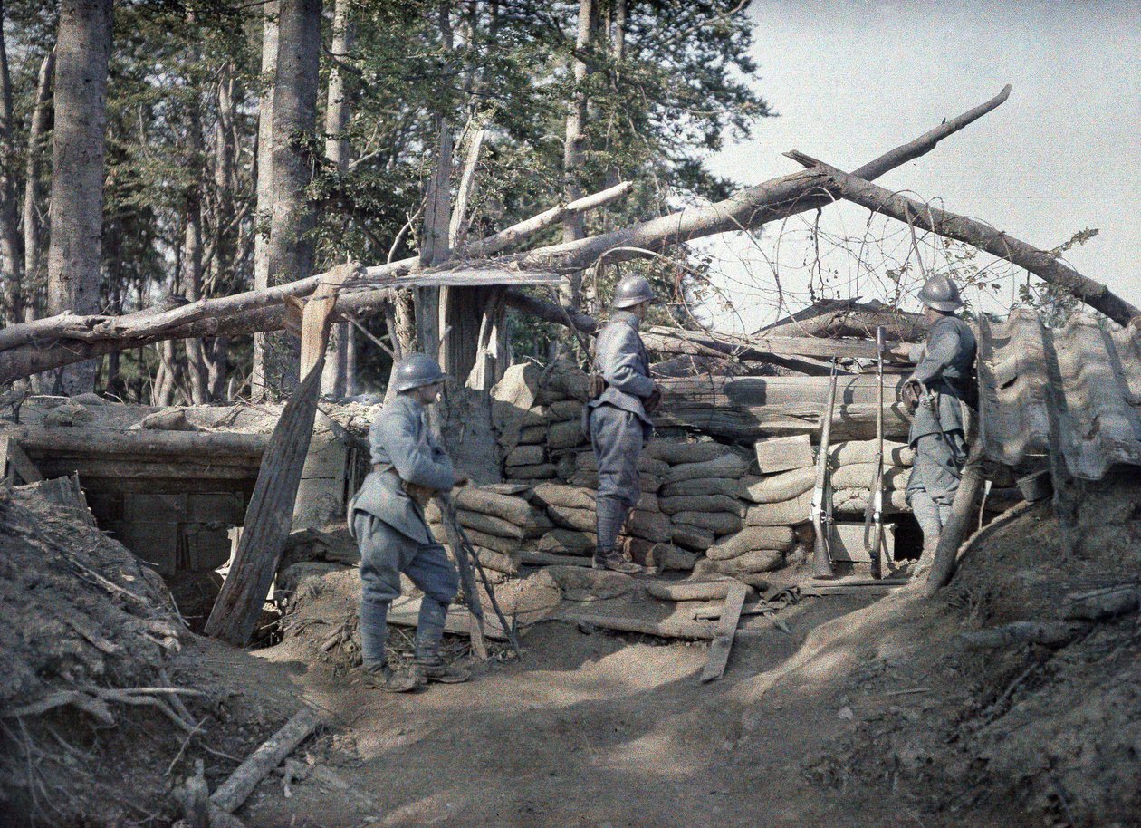 A French observation post with three soldiers in a trench reinforced with wooden beams and sand bags close to the German lines, Hirtzbach, Department Haut-Rhin, Alsace, France June 16, 1917 by Paul Castelnau