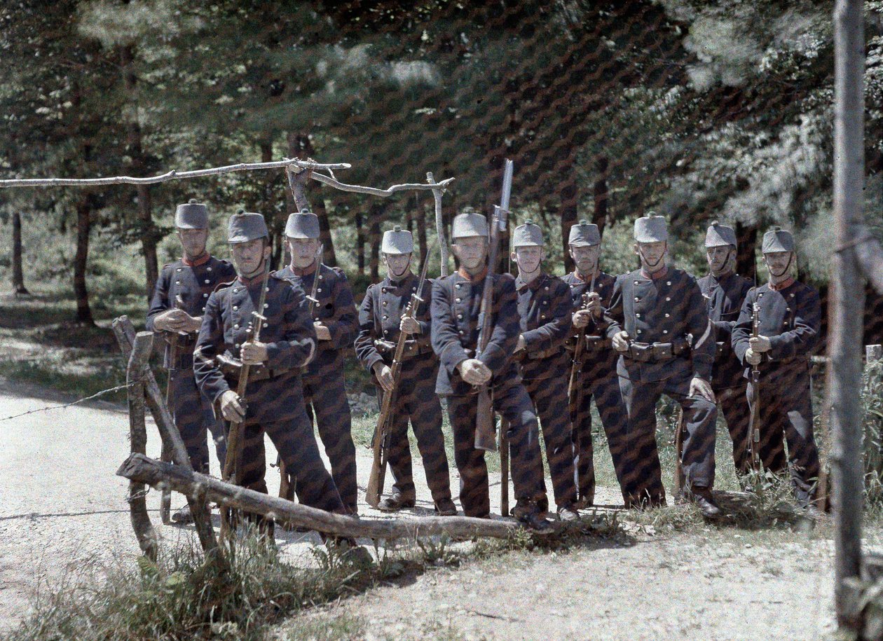 A group of Swiss border guards behind a fence between Switzerland and France, Department Haut-Rhin, Alsace, France, June 19, 1917 by Paul Castelnau