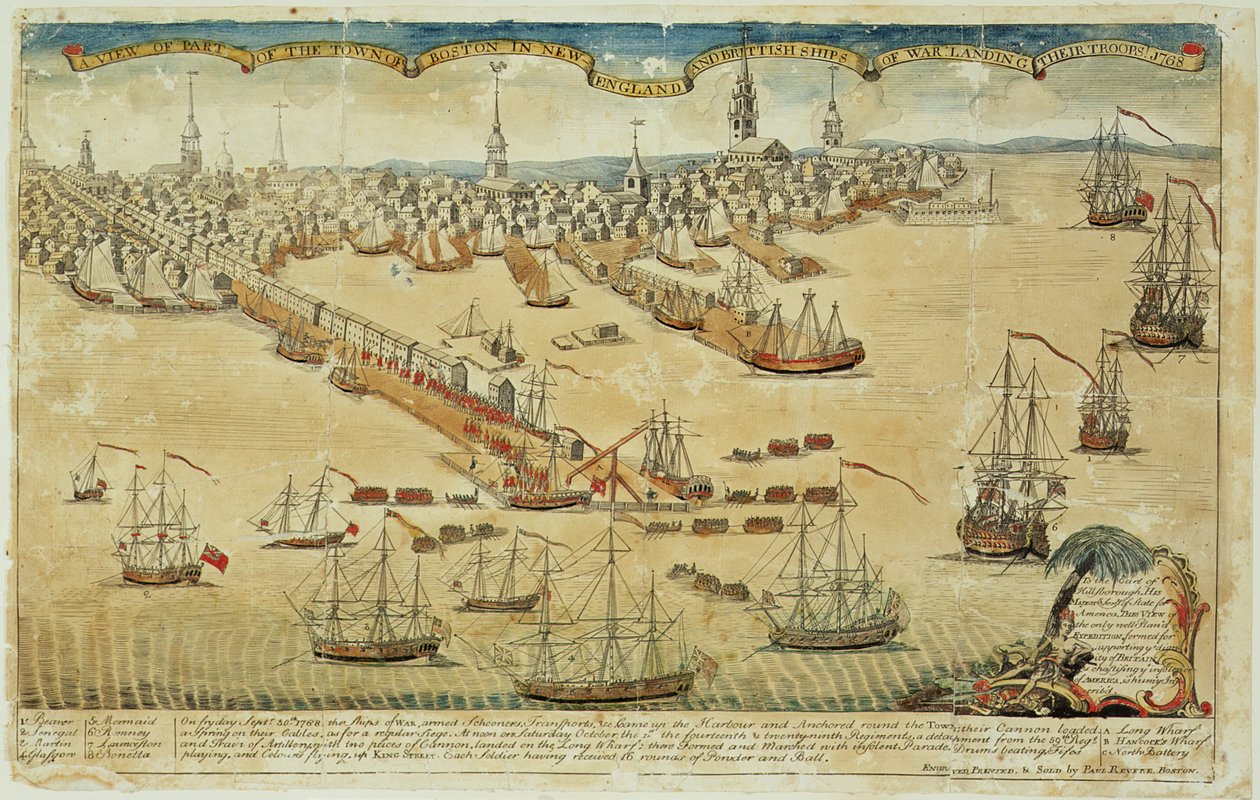 A View of Part of the Town of Boston in New England and British Ships of War Landing their Troops! 1768 by Paul Revere