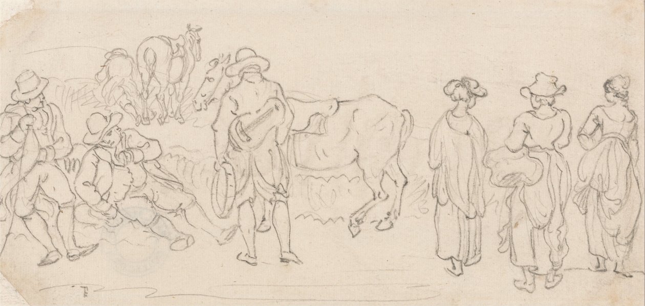 Figure with Lute and Tambourine, with Other Figures, Men Resting, Country Women, Horses by Paul Sandby