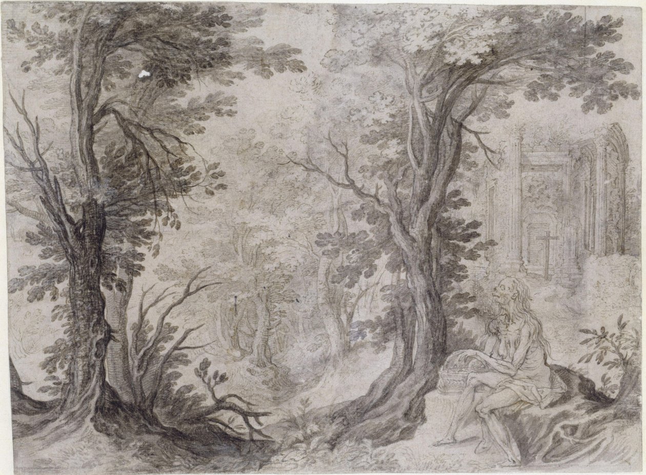 The Holy Magdalene in Solitude. The Emaciated Penitent Sits on an Elevation and Holds a Basket Beside Her. Above Her in the Background a Dilapidated Round Temple, a Free Copy of the Temple of the Sibyl in Tivoli, in Front a Cross. by Paul Bril