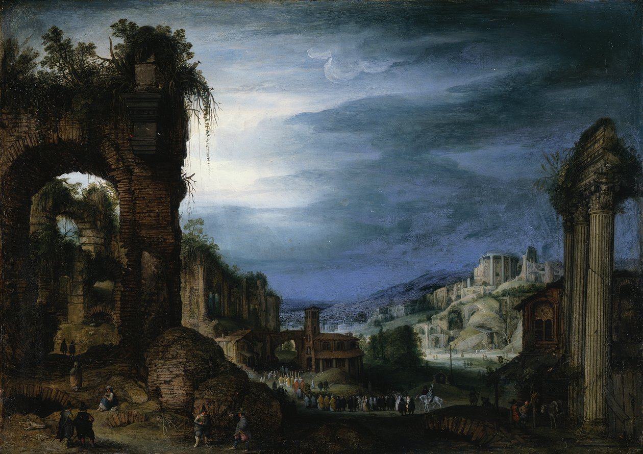 Roman ruin landscape with a procession by Paul Bril