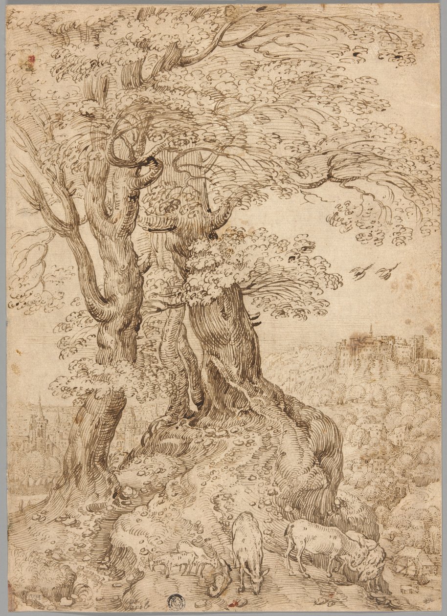 Wooded Landscape with Donkeys and Goats, and Castle on Hill in Distance by Paul Bril