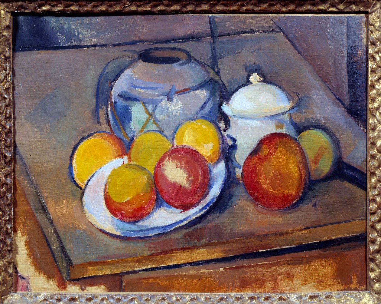Vase, Straw, Sugar Bowl, and Apples by Paul Cézanne