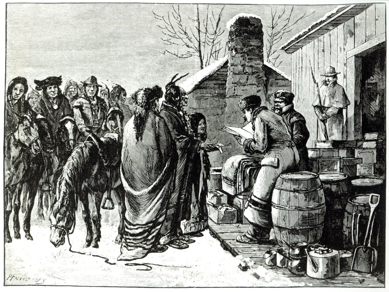 Reservation Indians receiving rations from government agents by Paul Frenzeny