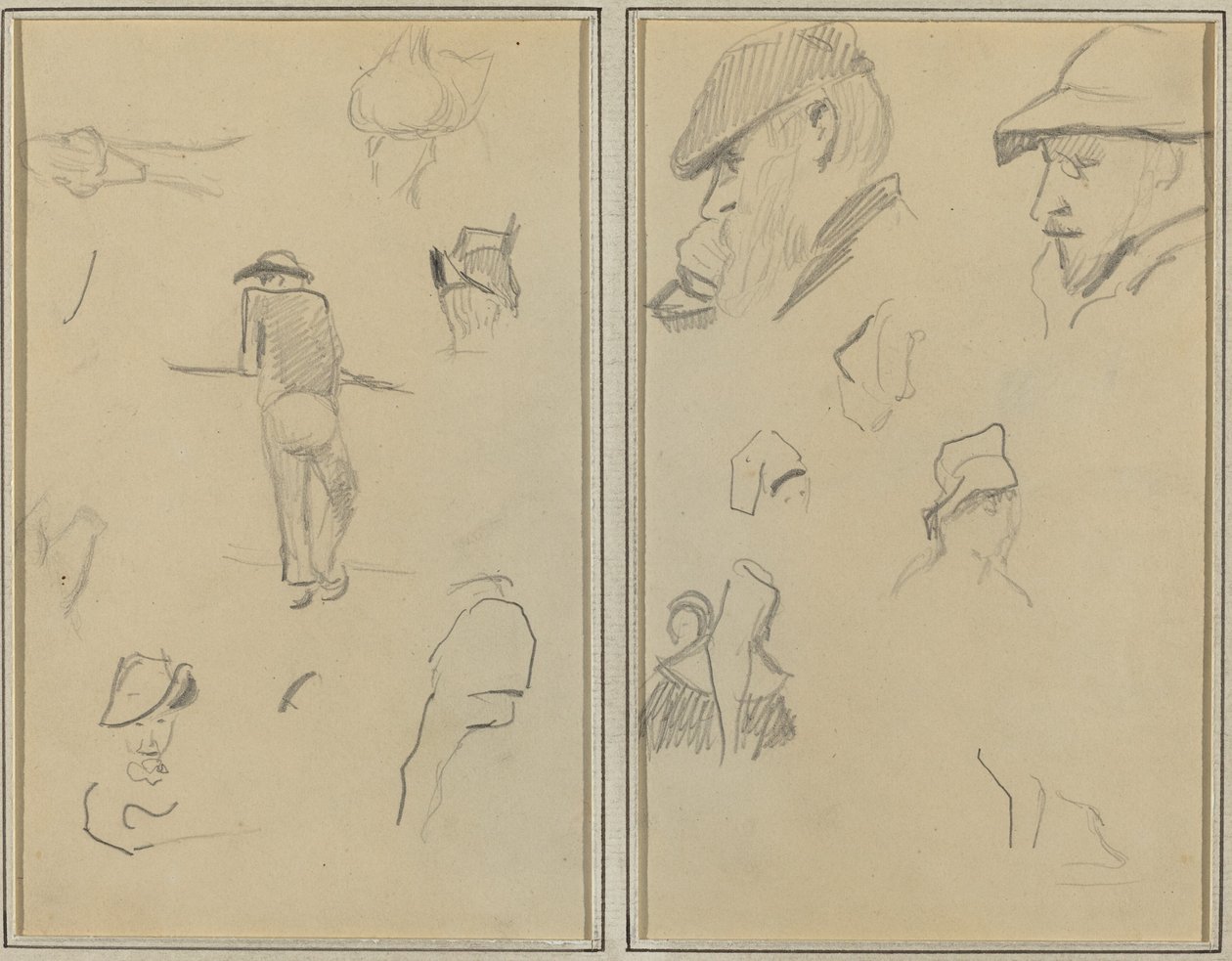 A Man Leaning on a Wall with Five Other Studies; Two Bearded Men Wearing Hats, and Five Other Studies by Paul Gauguin