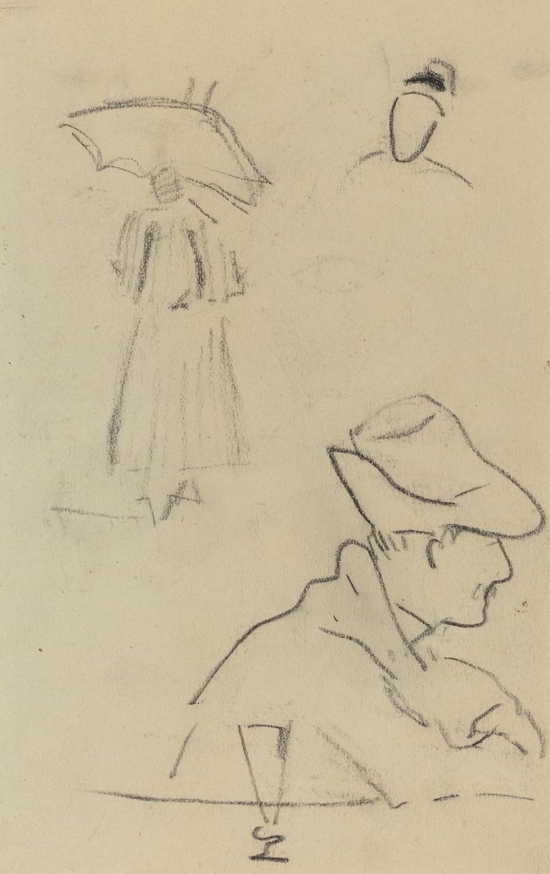 A Person Holding an Umbrella and a Seated Man with a Hat and a Glass by Paul Gauguin