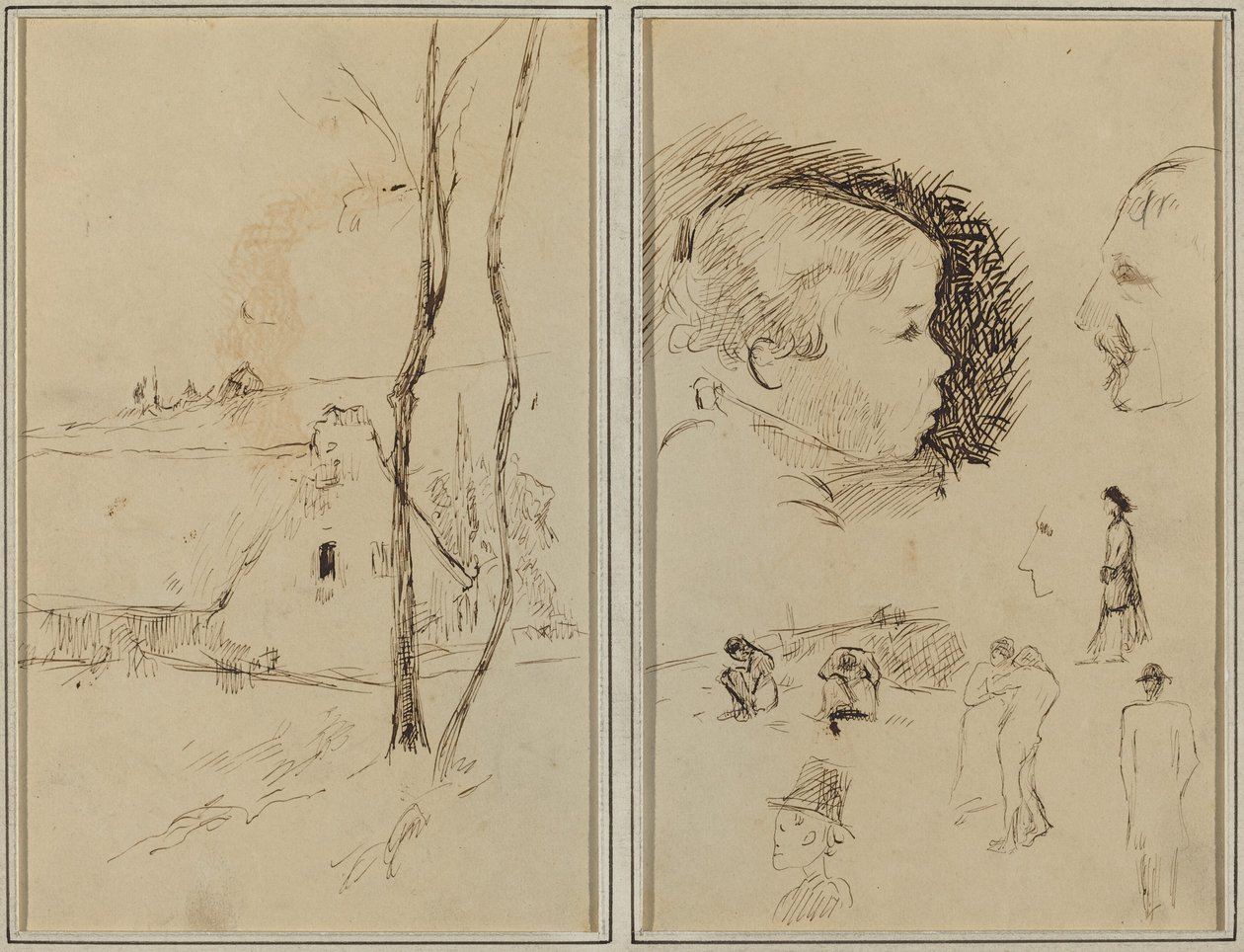 Landscape with a Cottage; Profile of Boy, Profile of Man, Two Women in a Landscape, and Five Other Studies (verso) by Paul Gauguin