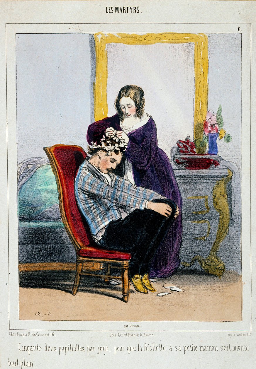 A mother puts curlers on her son by Paul Gavarni