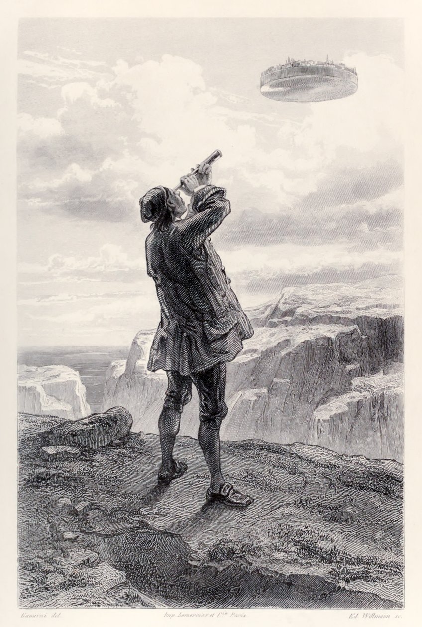 Gulliver Sees the Flying Island Laputa for the First Time, and Examines It Through His Telescope, from French Edition of Gulliver