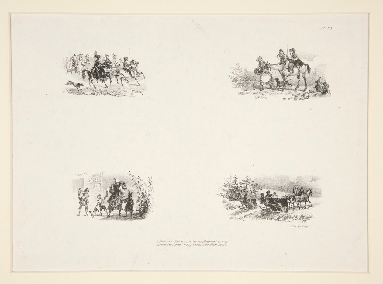 Four Subjects: A Cavalcade; Four Children; A Peasant Woman Carrying a Small Child; Travelers by Paul Gavarni