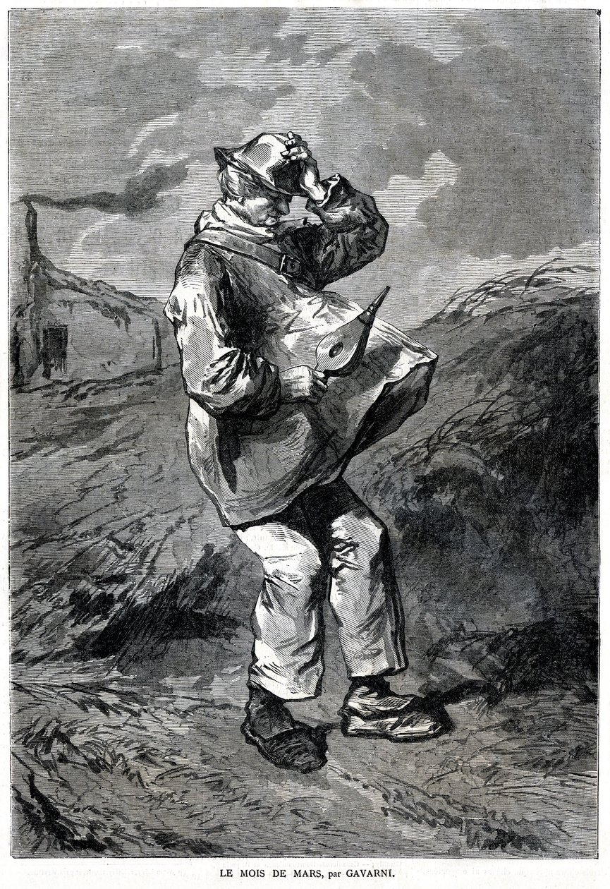 The month of March: representation of a man holding a bellows in one hand and his hat in the other, his clothes raised by the breath of the wind by Paul Gavarni
