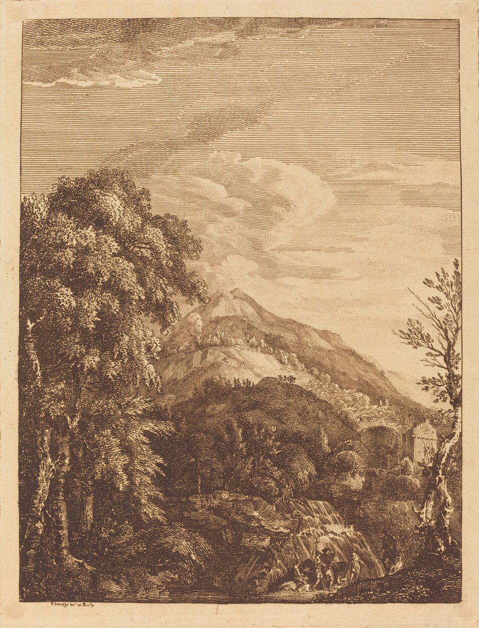 Mountainous Landscape with a Waterfall, Round Tower, Castle, and Banditti by Paul Sandby