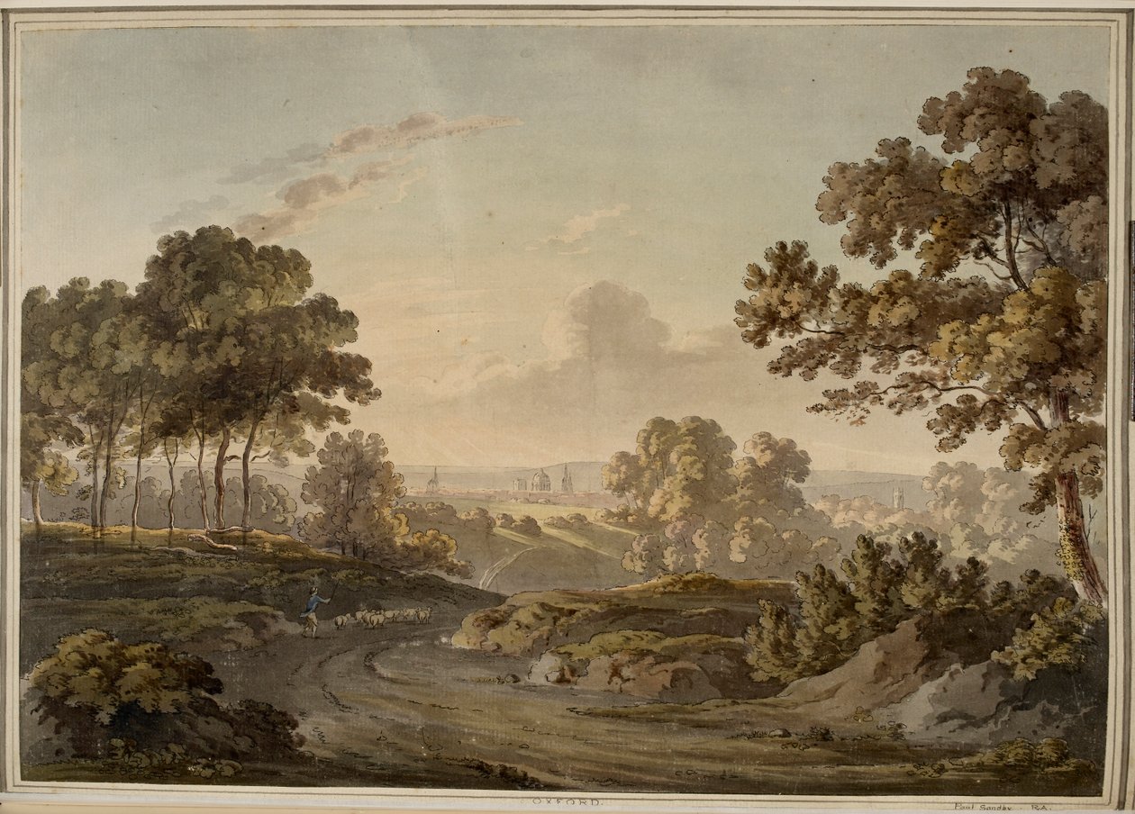 Oxford. Shepherd herding sheep on road toward Oxford, which is visible on the horizon lit by the glow of sunset. by Paul Sandby