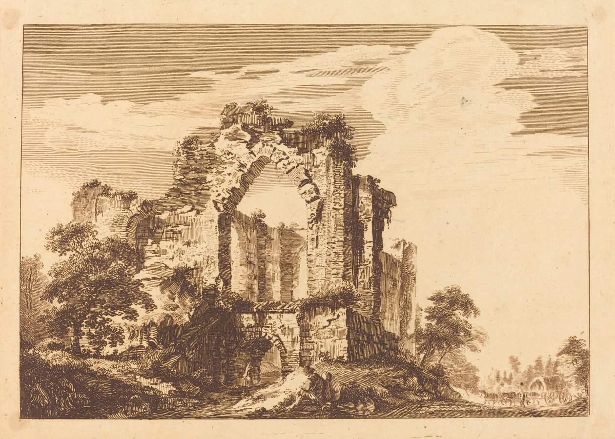 Ruins with a Seated Man, and a Covered Wagon in the Distance by Paul Sandby