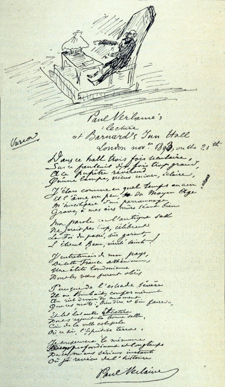 Poem sign of the French poet Paul Verlaine (1844-1896) with sketch of the representative during a reading. 21/11/1893 by Paul Verlaine