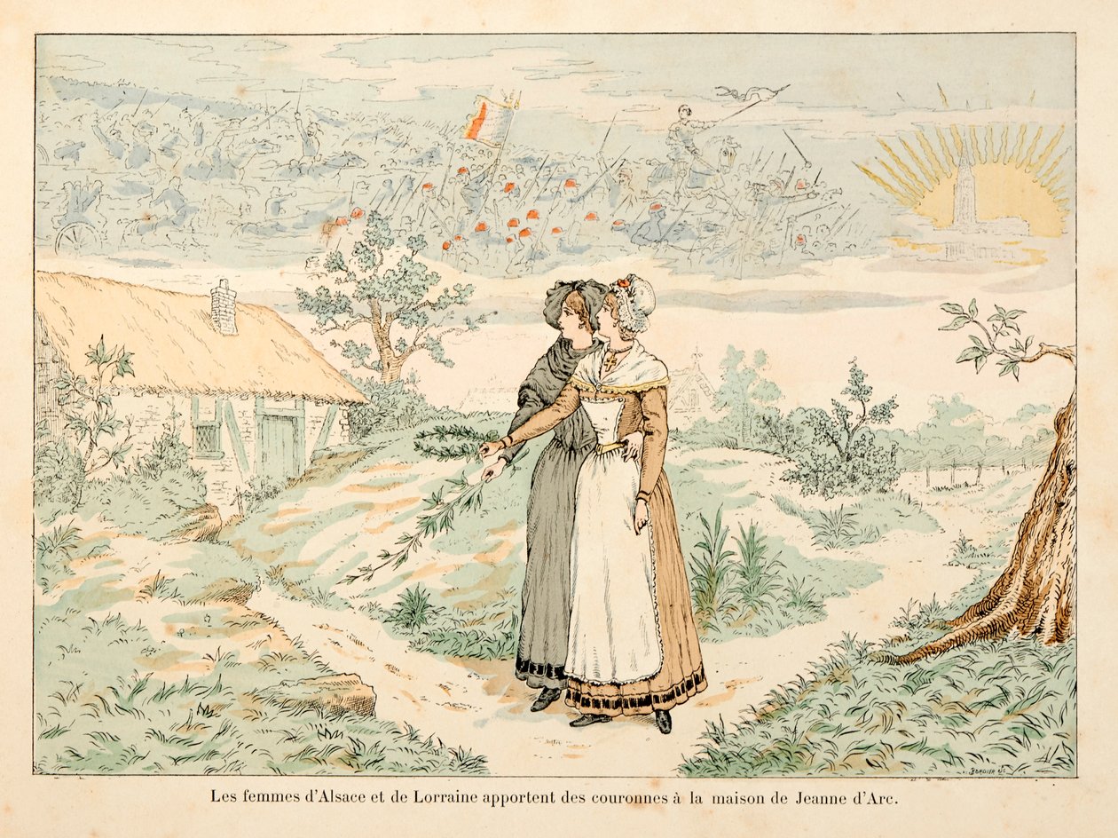 Illustration taken from the book Joan of Arc by Theodore Cahu and illustrated by Paul De Semant: Allegory to the memory of Joan of Arc; the women of Alsace and Lorraine bring crowns to the house of Joan of Arc by Paul de Semant