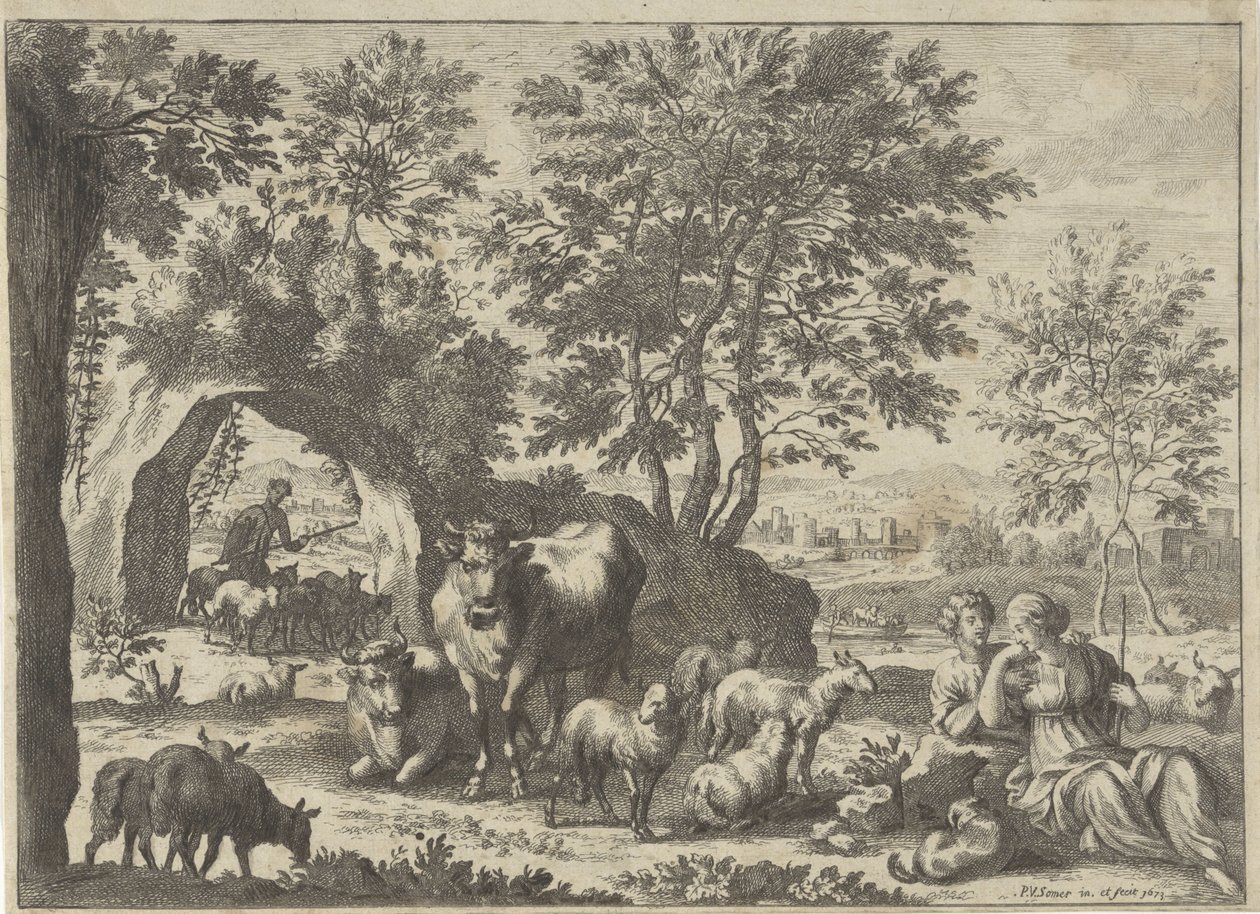 Shepherd and Shepherdess with a Flock by Paul van Somer (II)