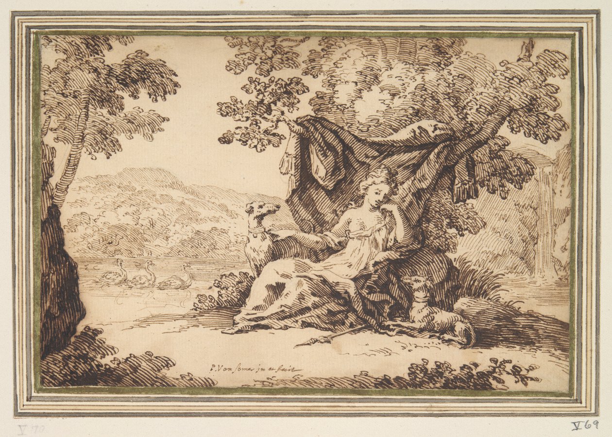 Woman with Two Dogs Seated in a Landscape by Paul van Somer