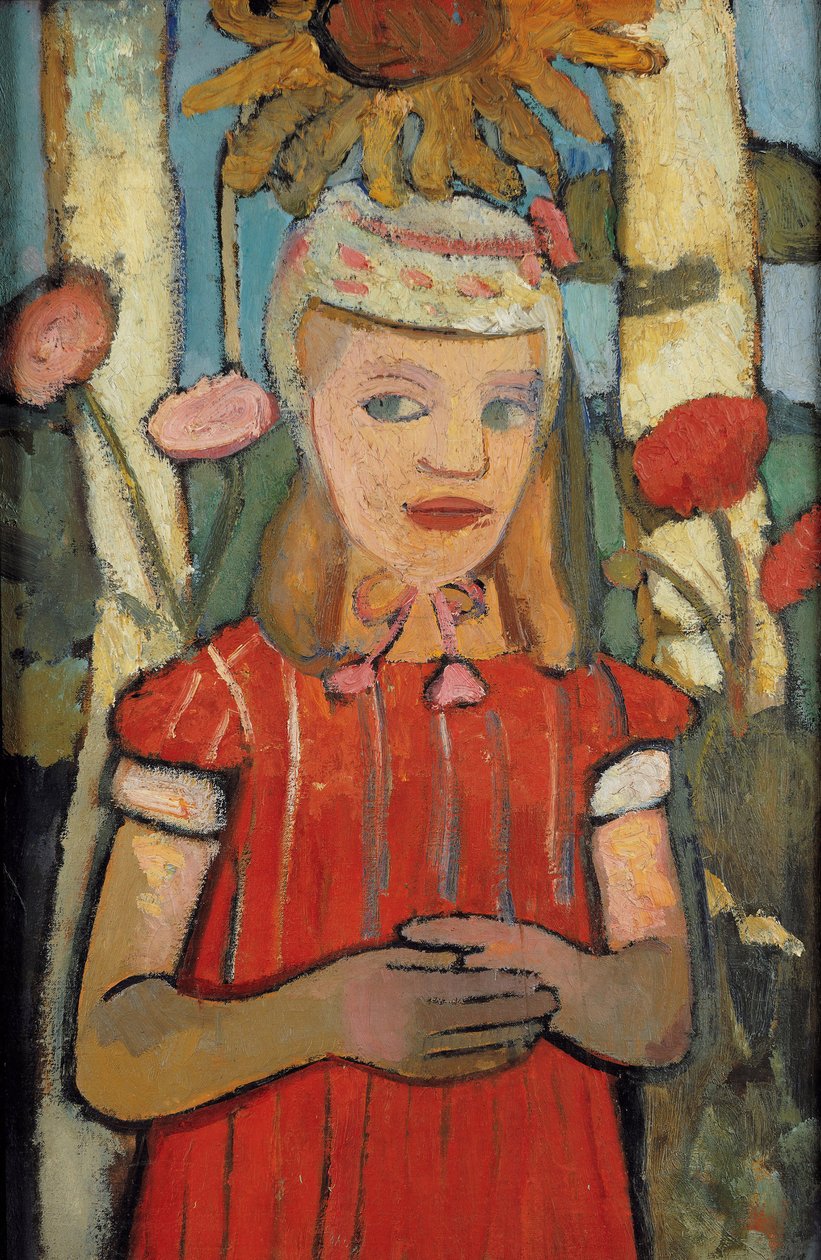 Girl in red dress in front of sunflower, 1907 by Paula Modersohn Becker