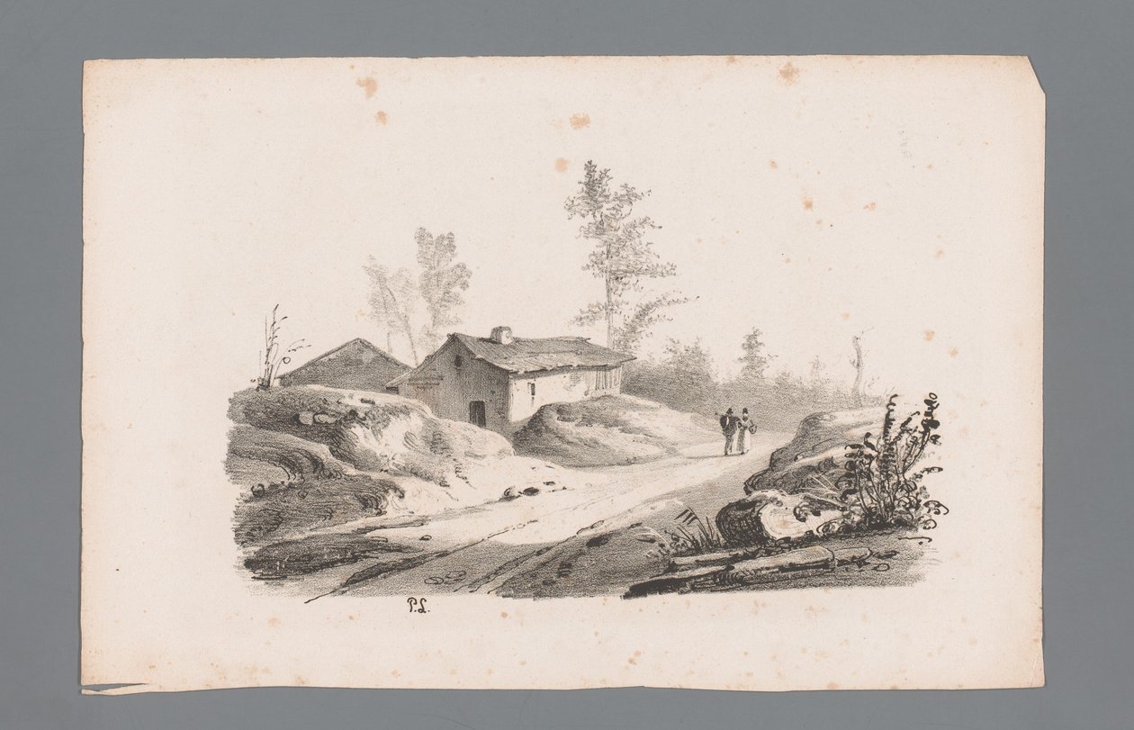Heuvellandschap met landweg en huizen (series title) by Paulus Lauters