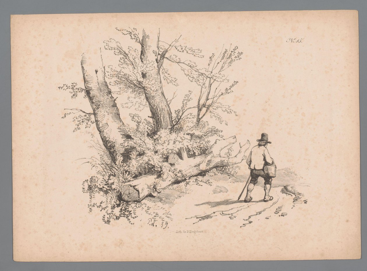 Landscape with Trees and a Man with Walking Stick and Basket by Paulus Lauters