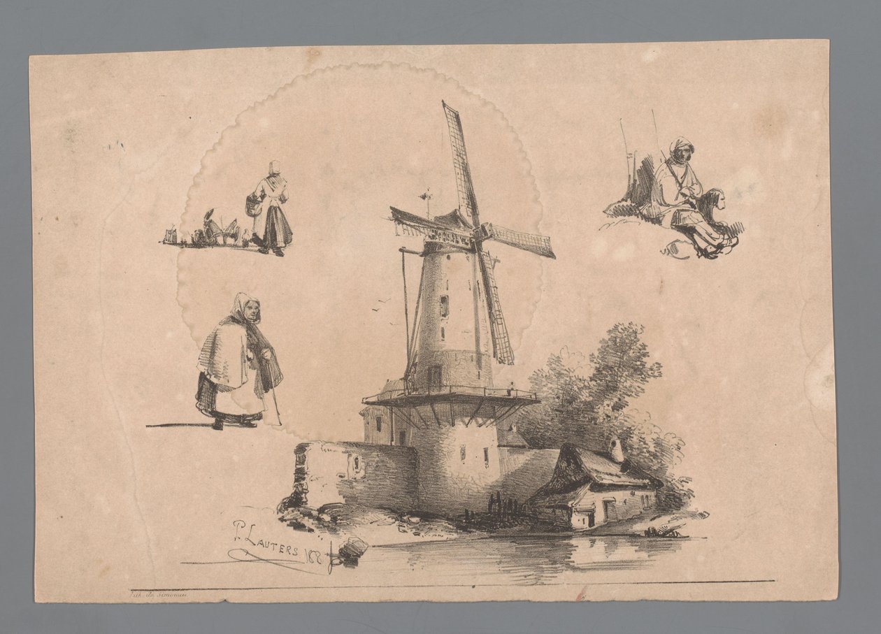Mill by the Water with Three Figure Studies by Paulus Lauters