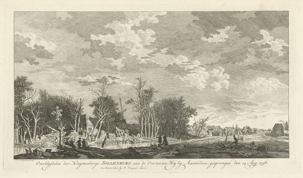Ruins of the Sollenburg Gunpowder Factory After the Explosion on August 14, 1758, Overblyfselen der Kruytmakerye Sollenburg aan de Overtoomse Weg by Amsterdam, Gesprongen den 15 Aug. 1758 (title on object) by Paulus van Liender