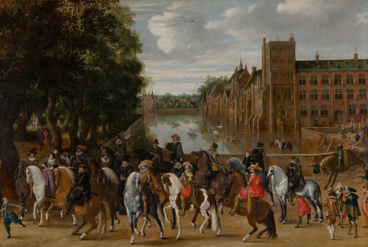 The Princes of Orange and Their Families on Horseback, Riding Out from The Buitenhof, The Hague, c.1621-22 by Pauwels I van Hillegaert