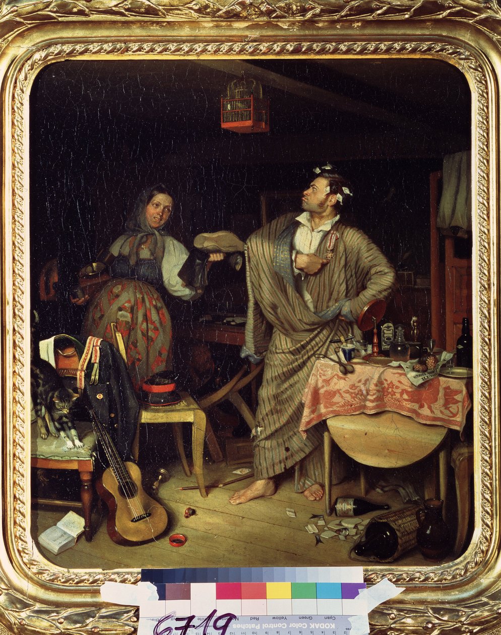 Fresh Cavalier (Morning of a Bureaucrat Receiving His First Cross). A military man in a dressing gown proudly wears his medal in the disordered apartment. by Pavel Andreevich Fedotov