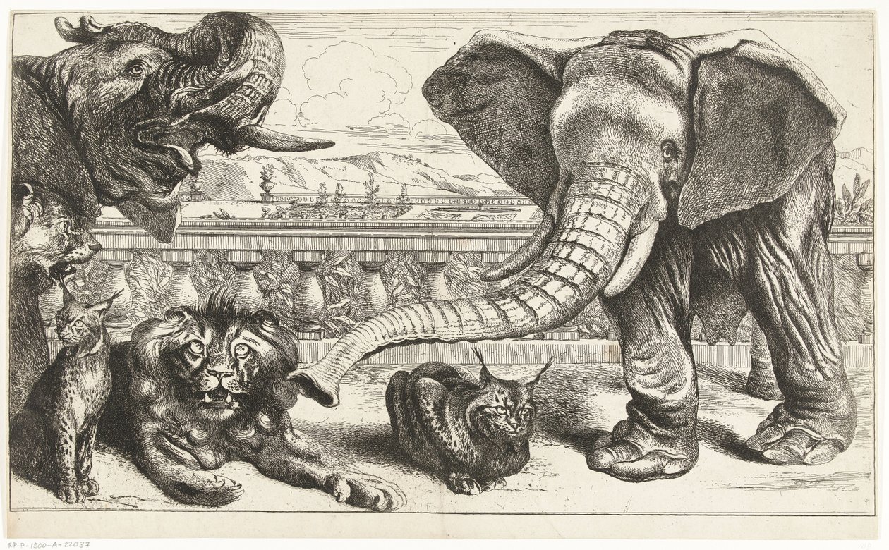 Elephants, Lions, and Lynxes in the Gardens of Versailles by Peeter Boel (attributed to)