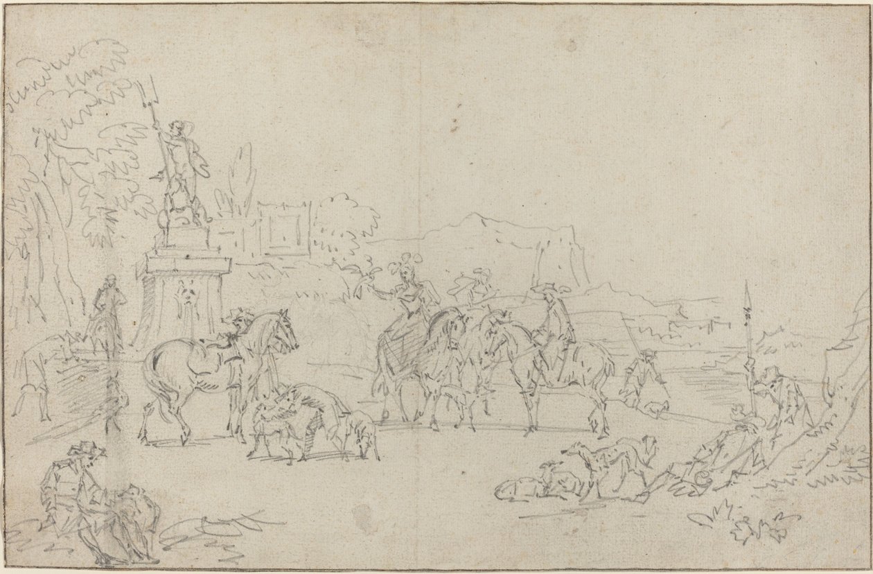 An Elegant Hunting Party Resting by a Fountain by Peeter Bout