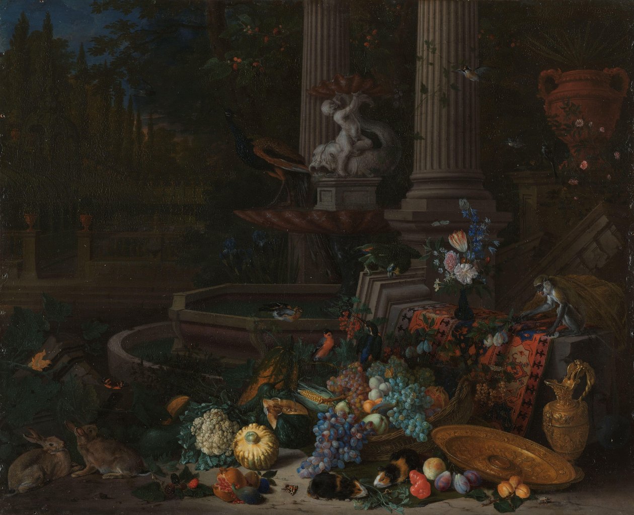 Still Life with Vegetables Before a Draped, Overturned Plinth by an Ornamental Fountain by Peeter Gijsels