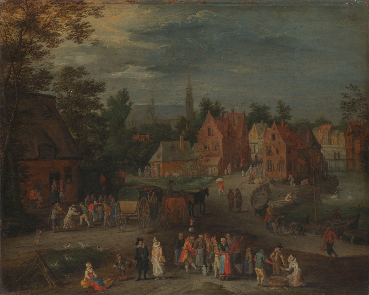 Village with a Puppeteer Entertaining a Small Crowd by Peeter Gijsels