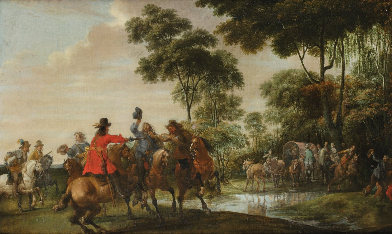 Highwaymen raiding a tilt car by a forest stream by Peeter Snayers