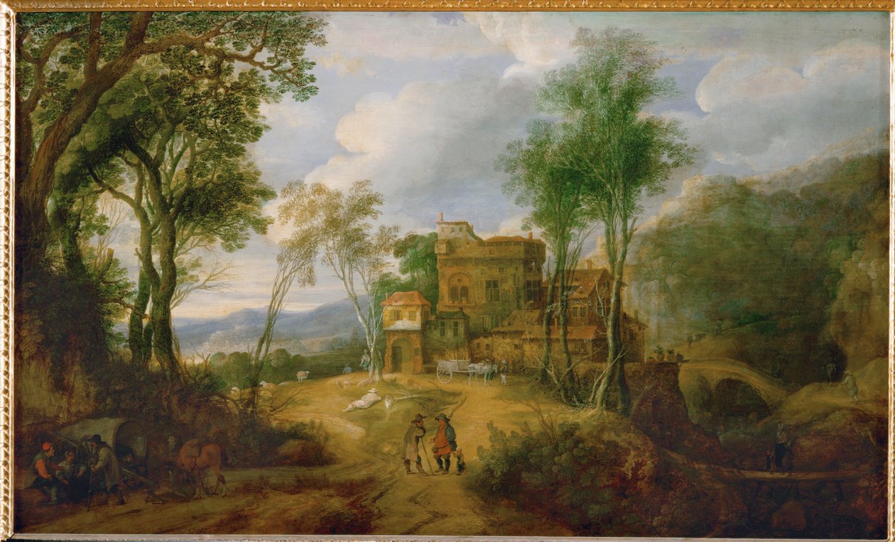 Mountain landscape with castle by Peeter Snayers