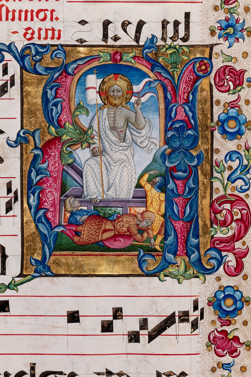 Piccolomini Library: choir book, cod. 101.7, ff. 14r with Resurrection of Christ (detail) by Pellegrino di Mariano