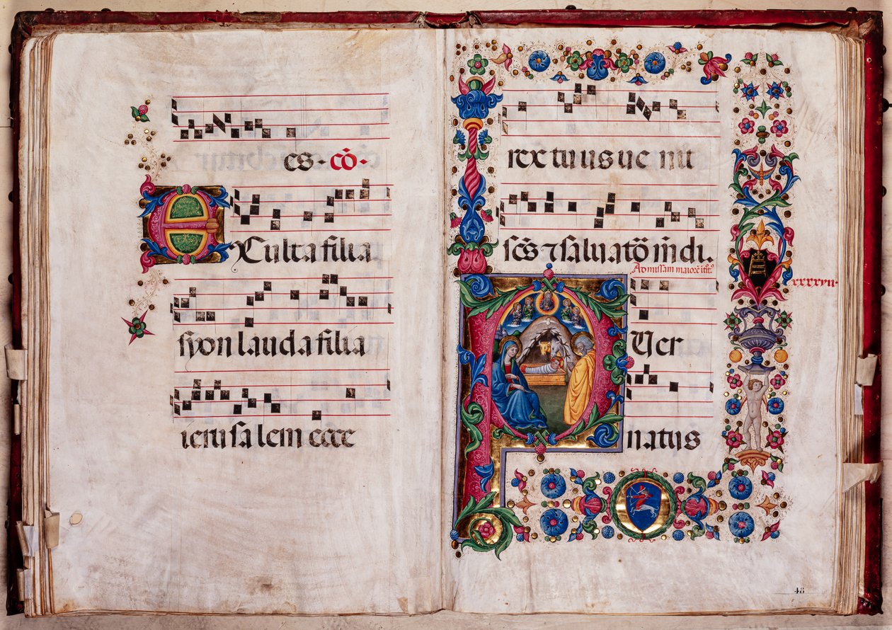 Piccolomini Library: choir book, cod. 102.8, ff. 47v-48r with “Nativity” by Pellegrino di Mariano