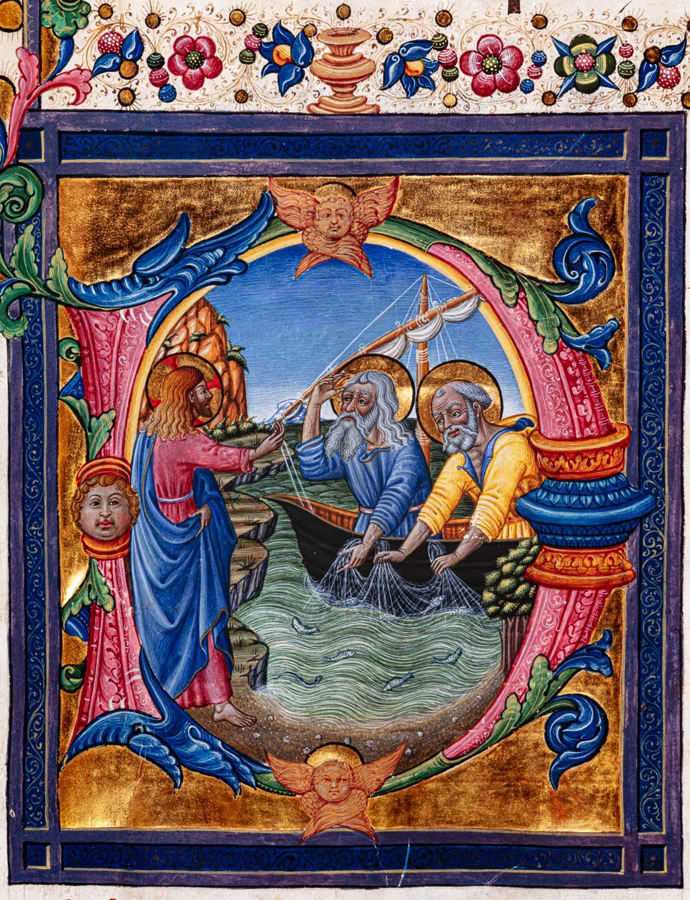 Piccolomini Library: choir book, cod. 11.M, ff. 4r with “Calling of St. Peter and St. Andrew” (detail) by Pellegrino di Mariano